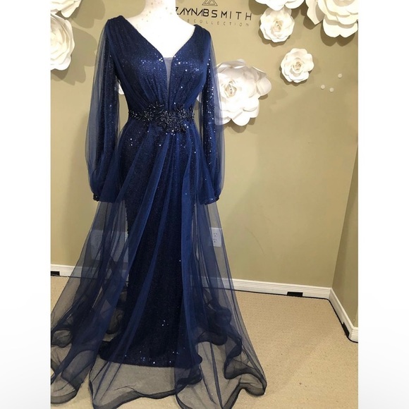Navy V-neckline evening Dress - Picture 7 of 11